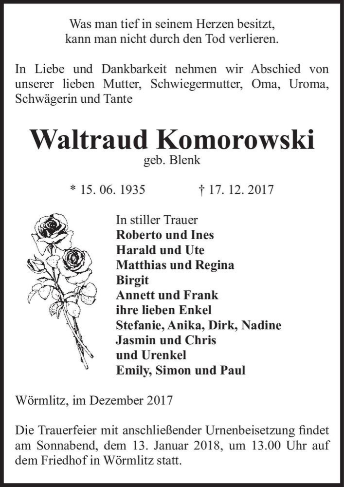  Traueranzeige für Waltraud Komorowski (geb. Blenk)  vom 30.12.2017 aus Magdeburger Volksstimme