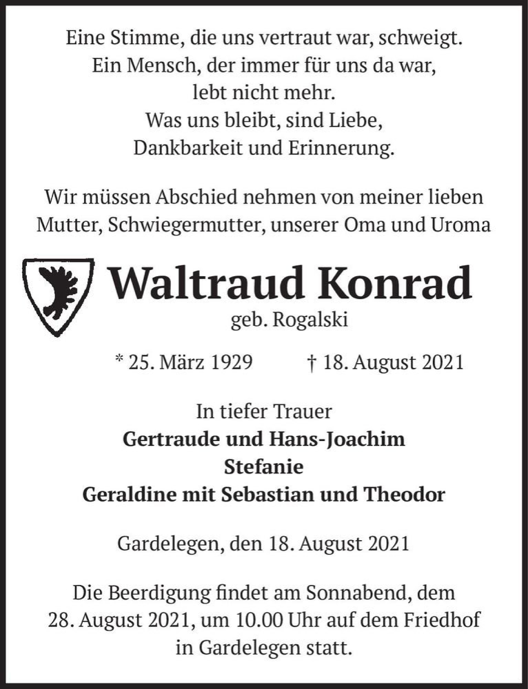  Traueranzeige für Waltraud Konrad (geb. Rogalski)  vom 21.08.2021 aus Magdeburger Volksstimme