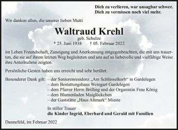 Traueranzeige von Waltraud Krehl (geb. Schulze)  von Magdeburger Volksstimme