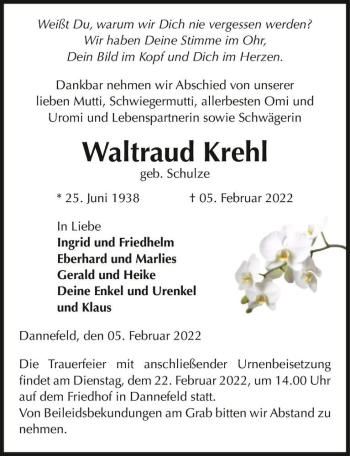 Traueranzeige von Waltraud Krehl (geb. Schulze)  von Magdeburger Volksstimme