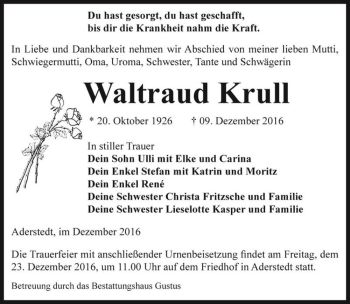 Traueranzeige von Waltraud Krull  von Magdeburger Volksstimme