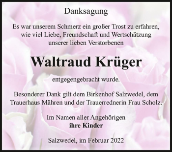 Traueranzeige von Waltraud Krüger  von Magdeburger Volksstimme