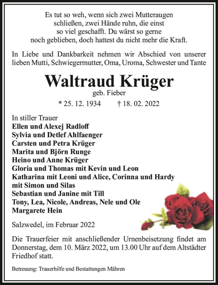  Traueranzeige für Waltraud Krüger (geb. Fieber)  vom 22.02.2022 aus Magdeburger Volksstimme