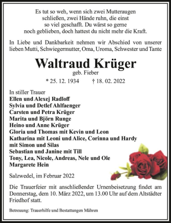 Traueranzeige von Waltraud Krüger (geb. Fieber)  von Magdeburger Volksstimme