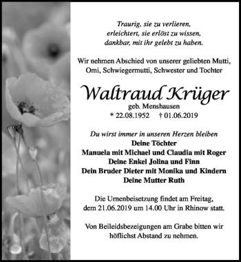 Traueranzeige von Waltraud Krüger (geb. Menshausen)  von Magdeburger Volksstimme