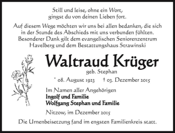 Traueranzeige von Waltraud Krüger (geb. Stephan)  von Magdeburger Volksstimme