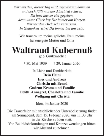 Traueranzeige von Waltraud Kubernuß (geb. Grützmacher)  von Magdeburger Volksstimme