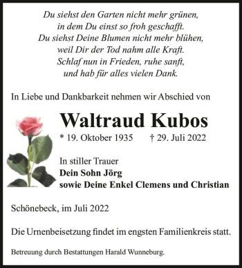 Traueranzeige von Waltraud Kubos  von Magdeburger Volksstimme