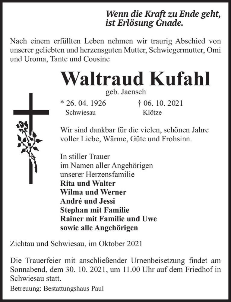  Traueranzeige für Waltraud Kufahl (geb. Jaensch)  vom 09.10.2021 aus Magdeburger Volksstimme