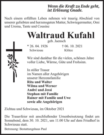Traueranzeige von Waltraud Kufahl (geb. Jaensch)  von Magdeburger Volksstimme