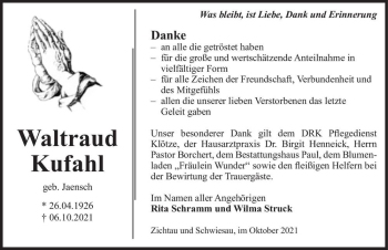 Traueranzeige von Waltraud Kufahl (geb. Jaensch)  von Magdeburger Volksstimme