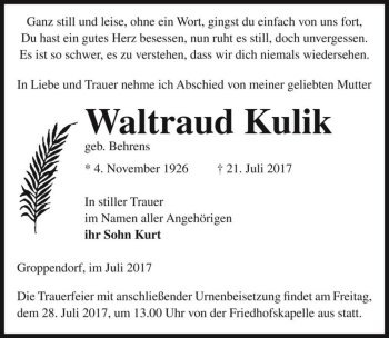 Traueranzeige von Waltraud Kulik (geb. Behrens)  von Magdeburger Volksstimme