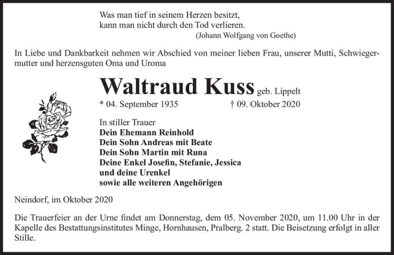  Traueranzeige für Waltraud Kuss (geb. Lippelt)  vom 28.10.2020 aus Magdeburger Volksstimme