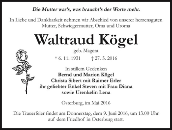 Traueranzeige von Waltraud Kögel (geb. Magera)  von Magdeburger Volksstimme