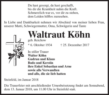Traueranzeige von Waltraud Köhn (geb. Reichow)  von Magdeburger Volksstimme