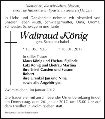 Traueranzeige von Waltraud König (geb. Schachtschabel)  von Magdeburger Volksstimme