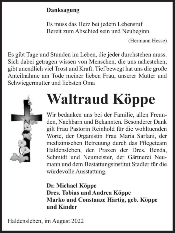 Traueranzeige von Waltraud Köppe  von Magdeburger Volksstimme