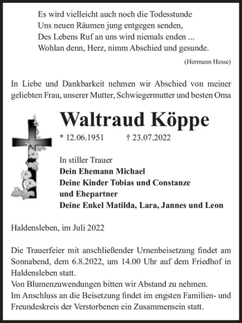 Traueranzeige von Waltraud Köppe  von Magdeburger Volksstimme