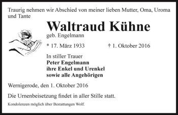 Traueranzeige von Waltraud Kühne (geb. Engelmann)  von Magdeburger Volksstimme