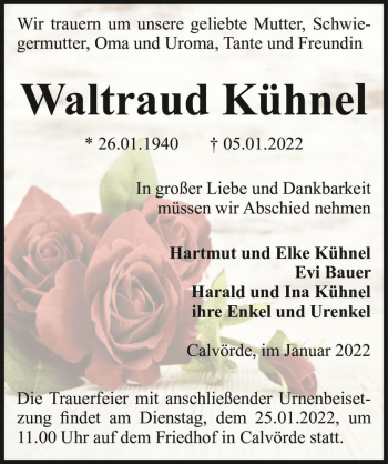 Traueranzeige von Waltraud Kühnel  von Magdeburger Volksstimme