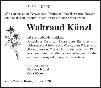 Traueranzeige von Waltraud Künzl  von Magdeburger Volksstimme