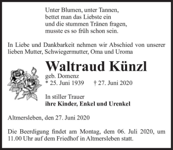 Traueranzeige von Waltraud Künzl (geb. Domenz)  von Magdeburger Volksstimme