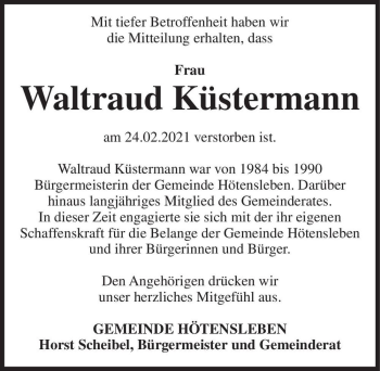 Traueranzeige von Waltraud Küstermann  von Magdeburger Volksstimme