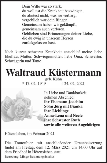 Traueranzeige von Waltraud Küstermann (geb. Kühn)  von Magdeburger Volksstimme