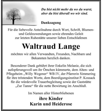 Traueranzeige von Waltraud Lange  von Magdeburger Volksstimme