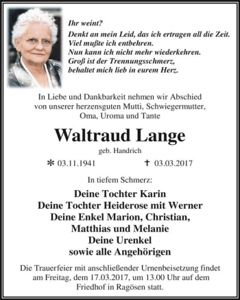 Traueranzeige von Waltraud Lange (geb. Handrich)  von Magdeburger Volksstimme