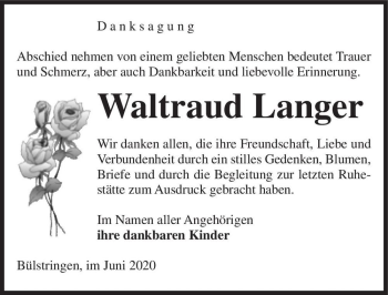 Traueranzeige von Waltraud Langer  von Magdeburger Volksstimme