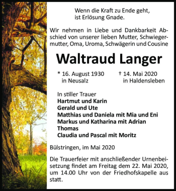 Traueranzeige von Waltraud Langer  von Magdeburger Volksstimme