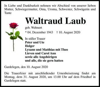 Traueranzeige von Waltraud Laub (geb. Wehnert)  von Magdeburger Volksstimme