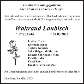 Traueranzeige von Waltraud Laubisch  von Magdeburger Volksstimme