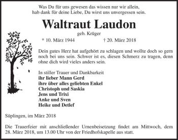 Traueranzeige von Waltraud Laudon (geb. Krüger)  von Magdeburger Volksstimme
