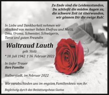 Traueranzeige von Waltraud Lauth (geb. Stolz)  von Magdeburger Volksstimme