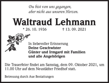Traueranzeige von Waltraud Lehmann  von Magdeburger Volksstimme