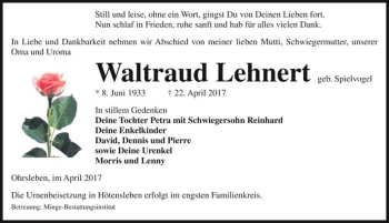 Traueranzeige von Waltraud Lehnert (geb. Spielvogel)  von Magdeburger Volksstimme