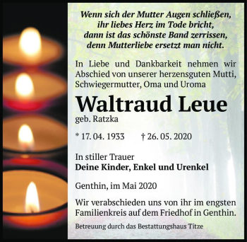 Traueranzeige von Waltraud Leue (geb. Ratzka)  von Magdeburger Volksstimme