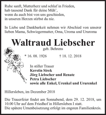 Traueranzeige von Waltraud Liebscher (geb. Behrens)  von Magdeburger Volksstimme