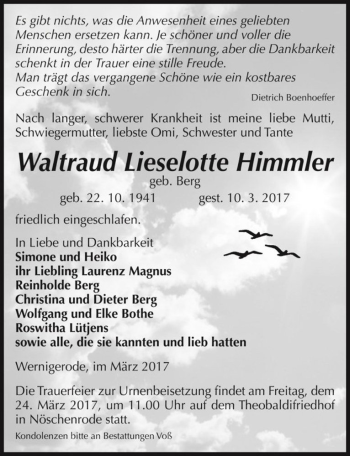 Traueranzeige von Waltraud Lieselotte Himmler (geb. Berg)  von Magdeburger Volksstimme