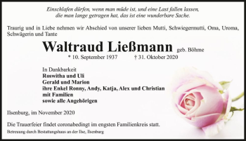 Traueranzeige von Waltraud Ließmann (geb. Böhme)  von Magdeburger Volksstimme
