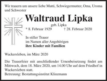 Traueranzeige von Waltraud Lipka (geb. Lipka)  von Magdeburger Volksstimme