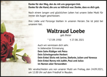 Traueranzeige von Waltraud Loebe (geb. Bieler)  von Magdeburger Volksstimme