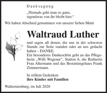 Traueranzeige von Waltraud Luther  von Magdeburger Volksstimme