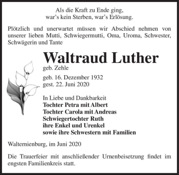 Traueranzeige von Waltraud Luther (geb. Zehle)  von Magdeburger Volksstimme