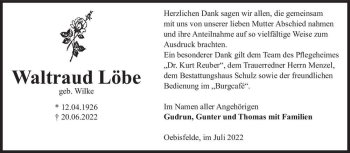 Traueranzeige von Waltraud Löbe (geb. Wilke)  von Magdeburger Volksstimme