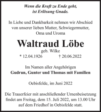Traueranzeige von Waltraud Löbe (geb. Wilke)  von Magdeburger Volksstimme