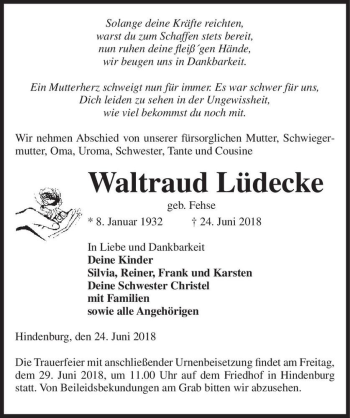 Traueranzeige von Waltraud Lüdecke (geb. Fehse)  von Magdeburger Volksstimme