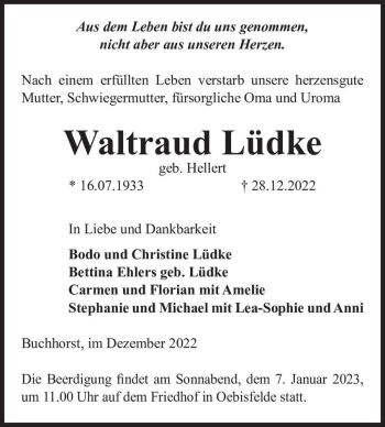 Traueranzeige von Waltraud Lüdke (geb. Hellert)  von Magdeburger Volksstimme
